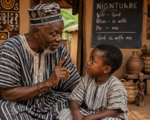 An African parent or grandparent explaining something to a young child in a traditional family setting.