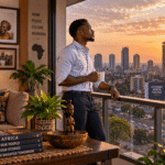 Young African professional reflecting on home in a modern African city