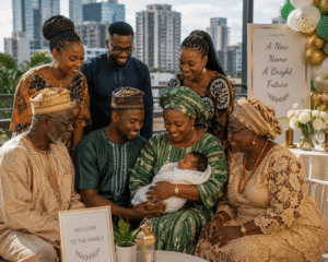Modern African family celebrating a naming ceremony