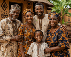 Grandparents, parents and a young child standing together in an African home or outdoor setting.