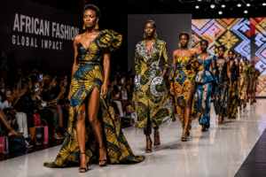 African fashion models wearing contemporary designs inspired by African print textiles