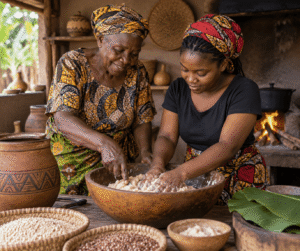 African grandmother teaching traditional fermented food preparation