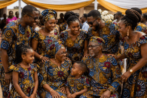 African families wearing coordinated print clothing at a cultural celebration