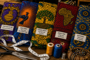 African print fabrics displaying symbolic patterns and colourful designs