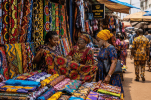 Colourful African print fabrics displayed in a busy textile market