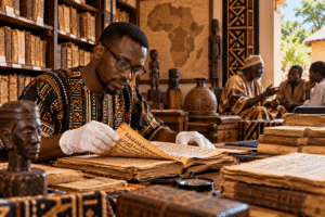 African historian studying historical manuscripts in an archive.